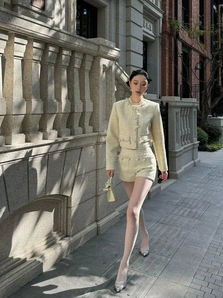 Autumn French Highend Suit Socialite Sweet Short Coat Top High Waist Slim Shorts Set Commuter Two Piece Sets Outfits