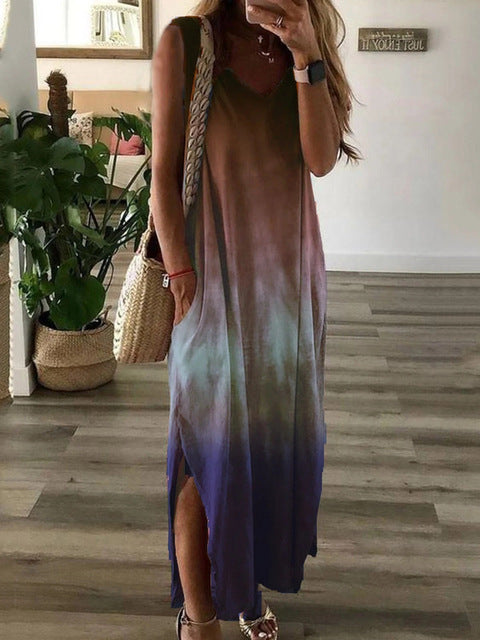 Gradient Tie Dye Print Sleeveless Long Dresses V-neck Loose Slit Vest Dress Female Summer A-line Vestidos