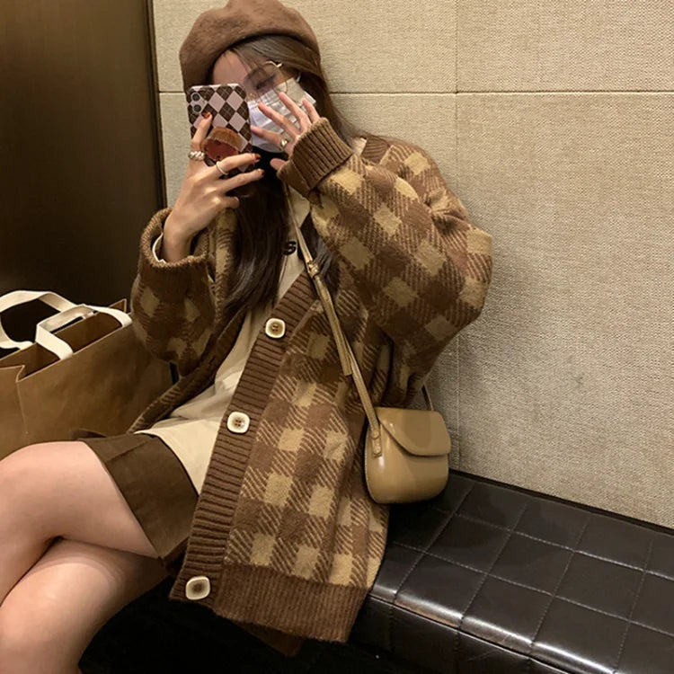 Harajuku Sweet Chessboard Grid Knitted Cardigan Autumn Loose Long Sleeve Sweater Y2k Grunge Single Breasted Cardigans