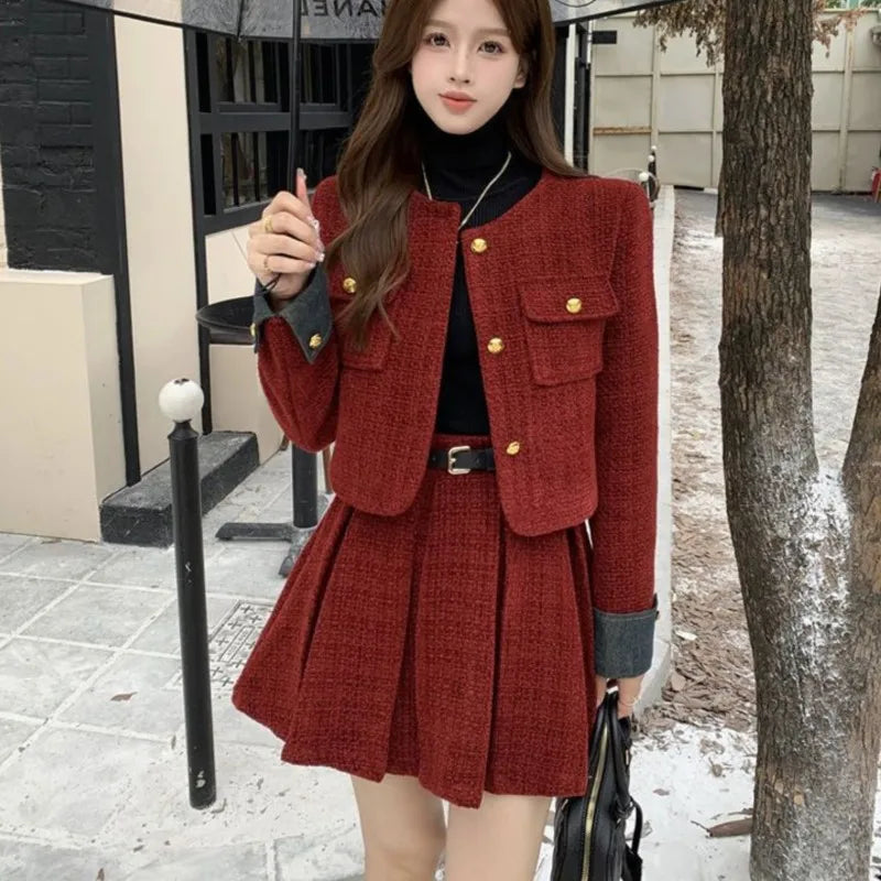 Autumn Winter New Red Tweed Two-piece Skirt Set Short Jacket Coat Pleated Mini Skirt Korean Female Outfits