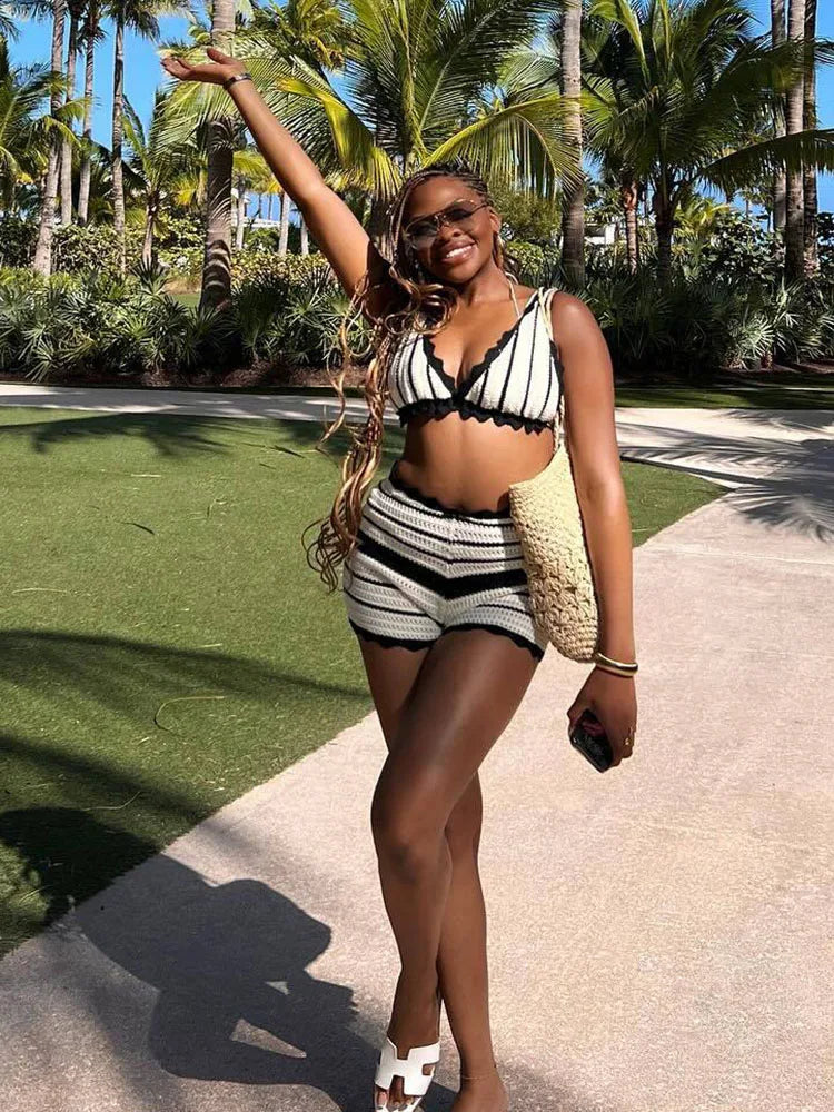 Ruffled Striped Bikini 2 Piece-set Female Contrast Lace-up V-neck Top and Shorts Sets Beach Holiday Outfits Summer