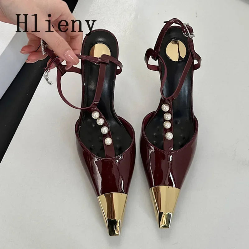 Metal Pointed Toe Stiletto Sandal Pearls Strap Buckle Designer High Heels Party Prom Shoes Summer Pumps