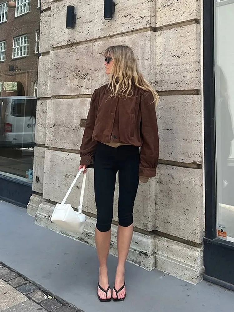 Retro Brown Suede Short Jacket Stand Collar Full Sleeves Single Breasteds Loose Coats Autumn Lady Street Wear