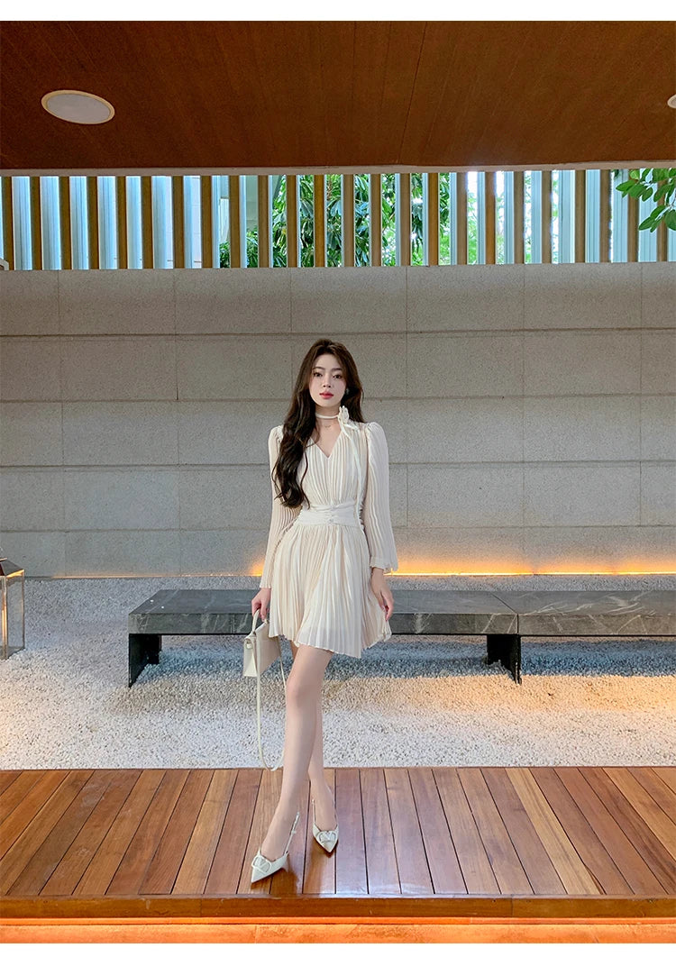 Vneck Flare Sleeve Aline Mini Dress Pleated Chiffon Temperament Birthday Prom Femme Vestido Mujer New Autumn