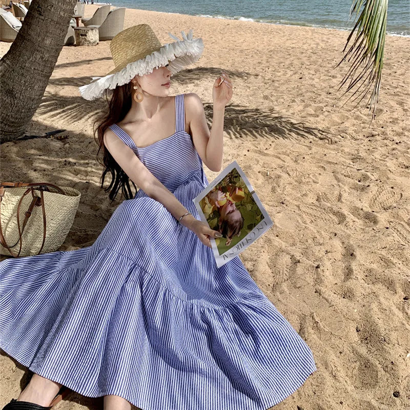 Retro Blue Stripe Party Slim Sleeveless Long Dresses Club Vacation Pleated Slip Dress Summer