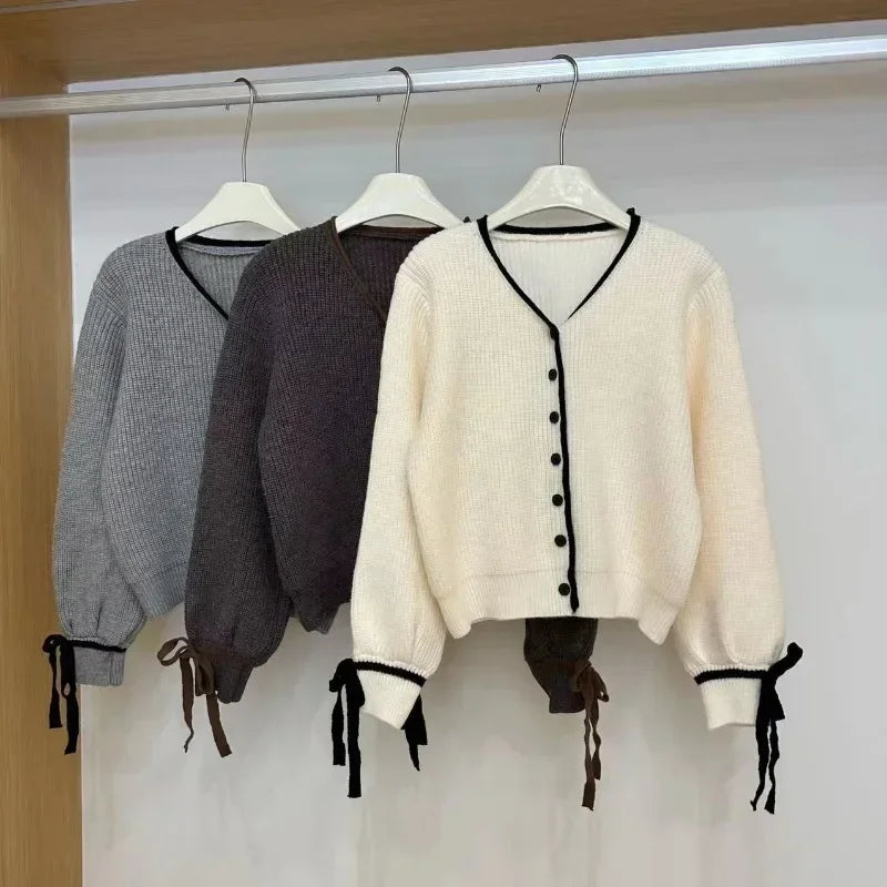 French Style Cardigan Autumn Winter Sweet Bow Knitted Sweater Coat Knitwear Simple Clothes