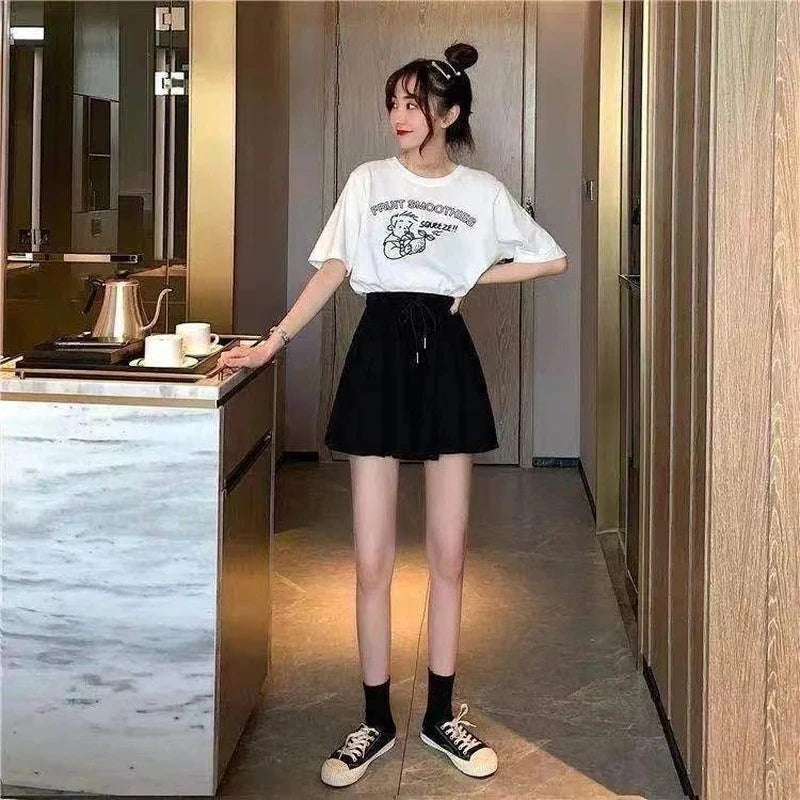 5xl Summer Shorts Skirts Elastic High Waist Wide Leg Shorts Korean a Line Loose Mini Skirt Black Short Pants