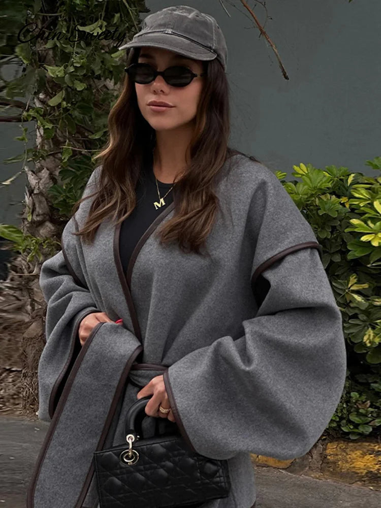 Patchwork Belt ’s Coats Contrast V-neck Long Sleeve Pocket Female Overcoats Autumn Lady New in Outwear