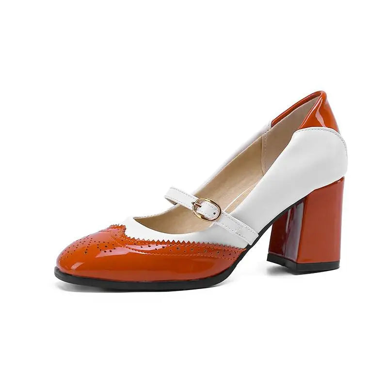 Green Orange Black Patent Leather Fretwork Pumps Sweet Shallow Mary Janes Shoes Female High Heels Footwear Size 48