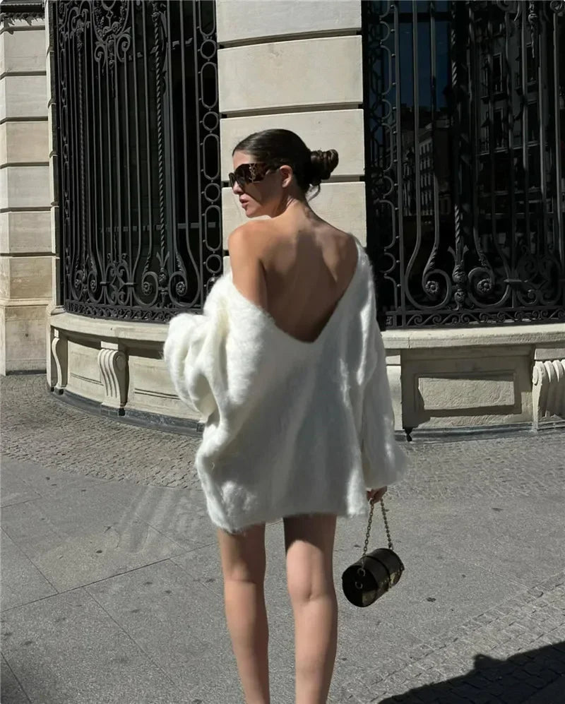 Trendix Loose Backless Knit Pullover for Off Shoulder Long Sleeve Sweater Femme Knitwear Cover-up