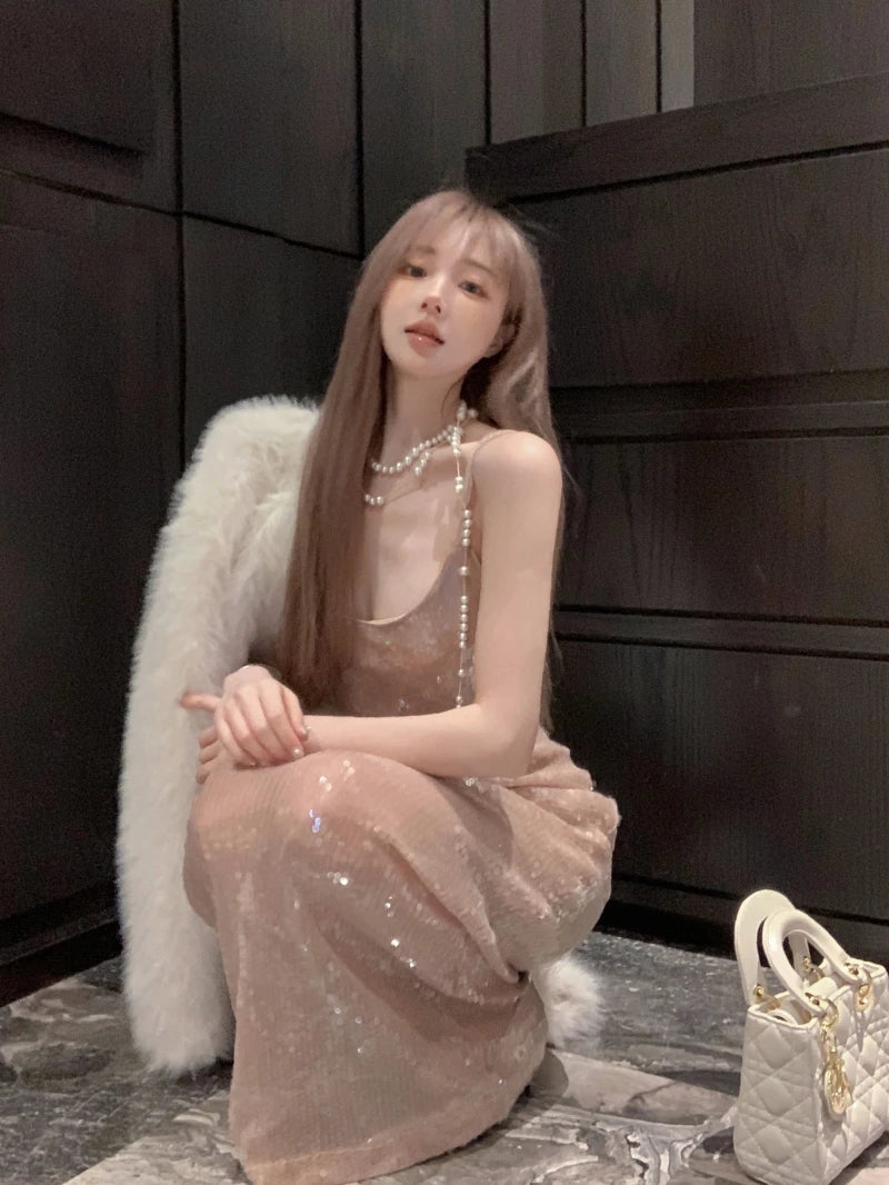 Spicy Girl Heavy Industry Sequin Sling Dress Summer New Waist Female Wrap Hip Long Dresses