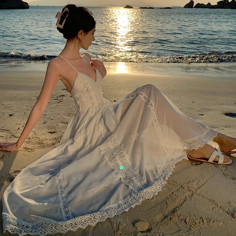 White Lace Spaghetti Straps Backless Summer Vneck Bandage Fairy Long Dress Club Birthday Party Evening Sundress
