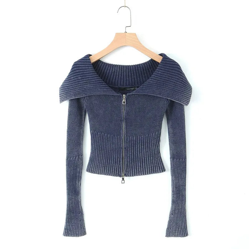 Knitted Cardigan Big Lapel Off Shoulder Full Sleeve Midriffbaring Sweater Female Autumn New