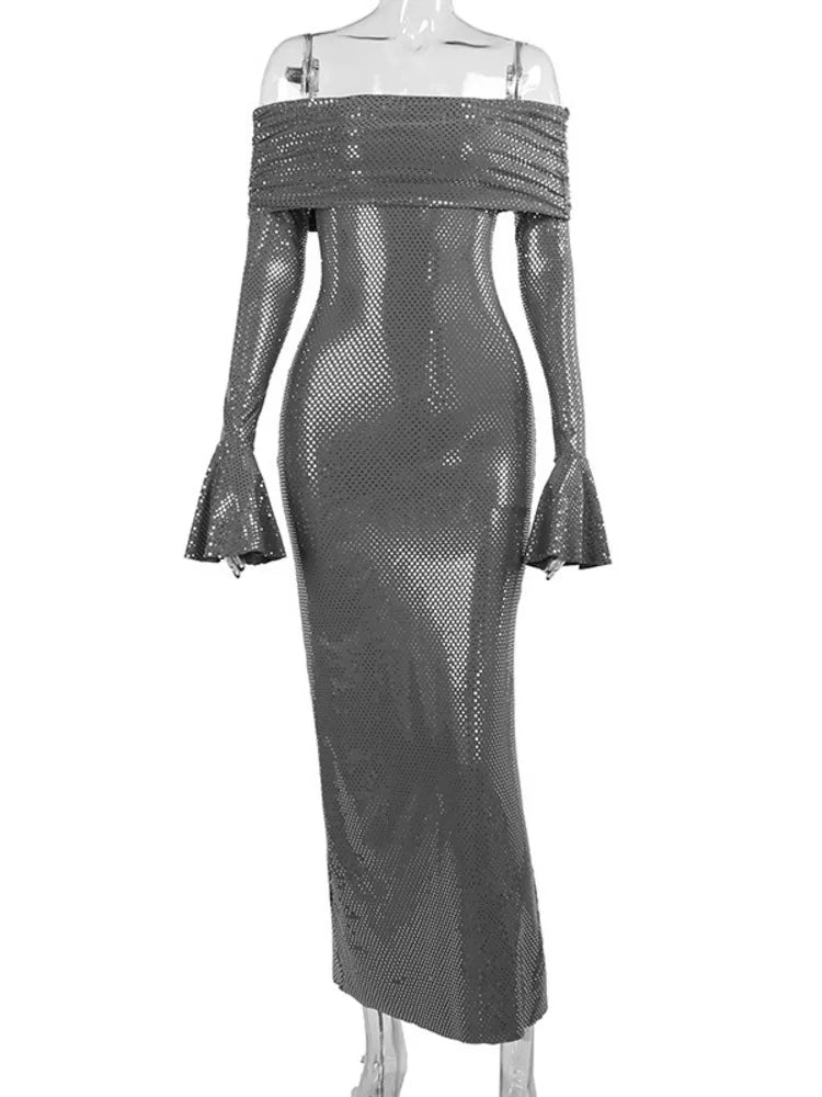 Strapless Sparkle Maxi Dress for Off-shoulder Backless Long Flare Sleeve Bodycon Club Party Dress