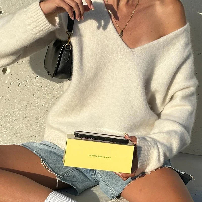 V-neck Sweater Simple All-match Cable-knit Knitwear Pullovers Fall Clothes Loose Fit Tops