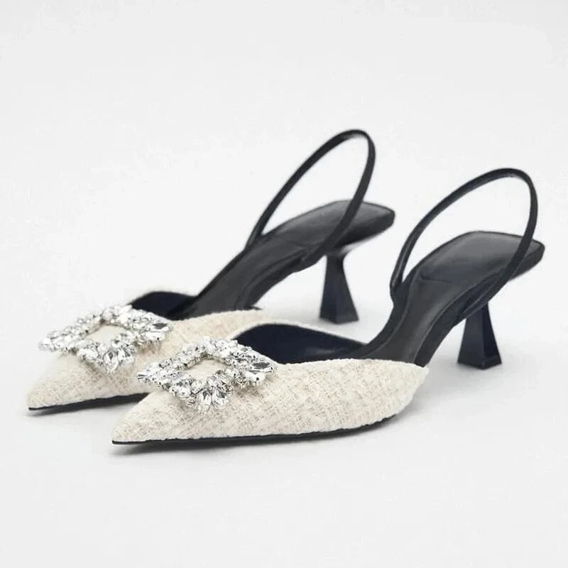 Square Rhinestone Mid Heels Pumps for Woman White Tassel Texture Black Sole Slingbacks Shoes Point Head Spike Heel Sandals