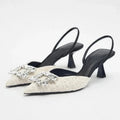 Square Rhinestone Mid Heels Pumps for Woman White Tassel Texture Black Sole Slingbacks Shoes Point Head Spike Heel Sandals