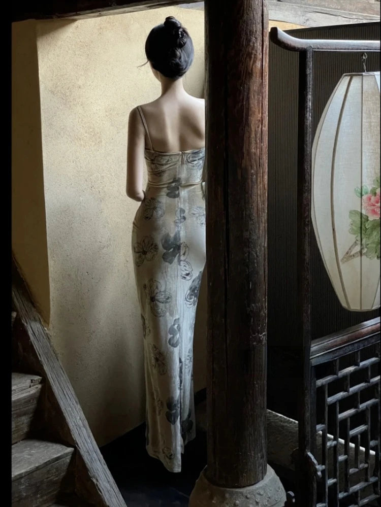 New Chinese Style Retro Ink Painting Slim Fit Velvet Dress for + Long Sleeve Sun Protection Cardigan Y2k Two Piece Sets