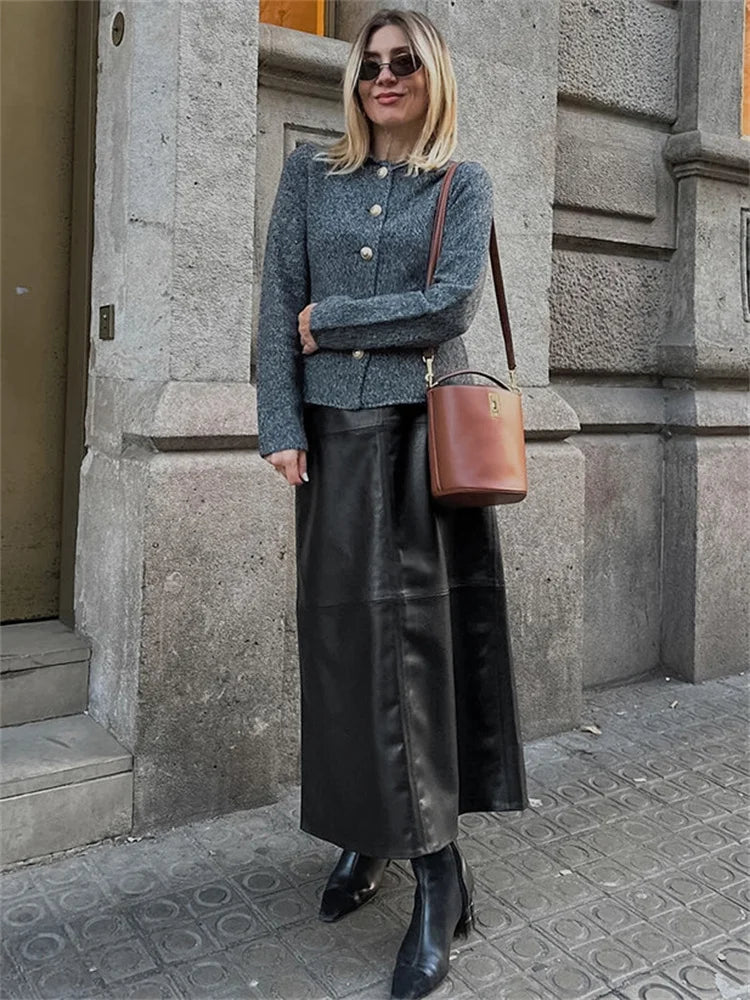 Black Pu High Waist Long Skirt for Patchwork Commute Slim Autumn Plaid Skirt Female Maxi Skirt