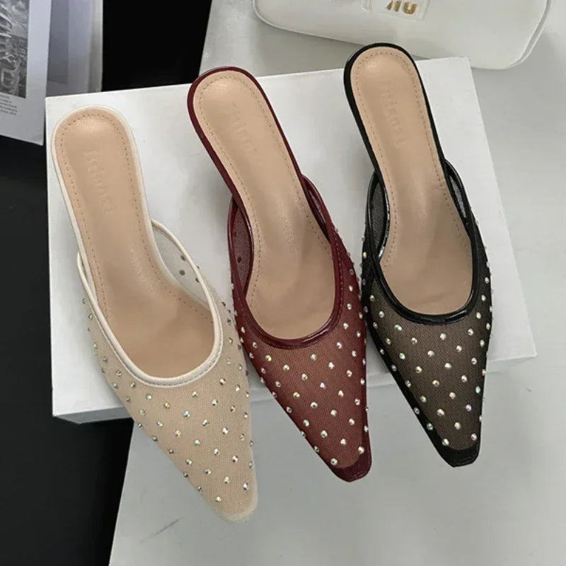 Summer Mesh Rhinestone High Heels Breathable Pointy Toe Shallow Mouth Dress Shoes Slippers Female