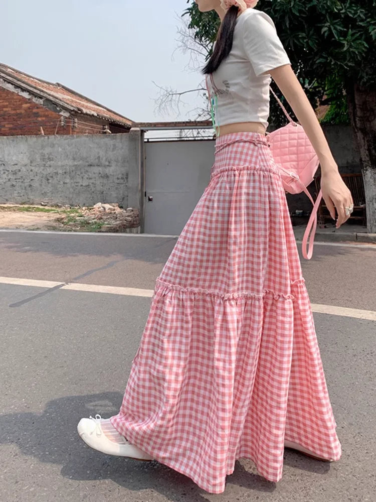 Color Blocking Plaid Design Skirt Summer New Elastic Waist Long Skirt Korean Pastoral Style Aline Skirt