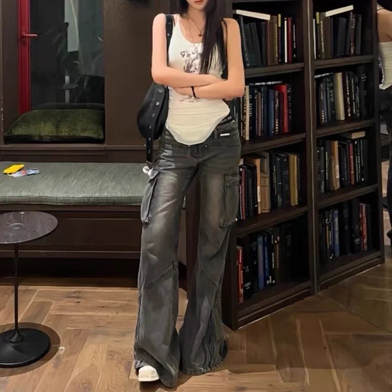 Distressed Washed Loose Cargo Jeans Spring New Korean Low Waist Pleated Denim Wide Leg Pants