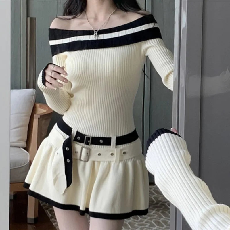 Y2k Slim Knitted Mini Dresses Off Shoulder Korean Short Party Dress With Belt Autumn New Clothing