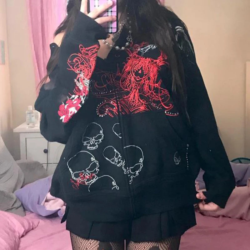 Indie Grunge Graphic Print Zip Up Hoodie Y2k Clothes Harajuku Grunge Baggy Sweatshirt Korean Kawaii Goth Mall Emo Jacket