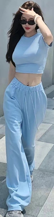 Sweet Hot Girl Suit Summer Slim Fit Oneck Shortsleeved Tshirt Wide Leg Long Pants Twopiece Set Female Clothes