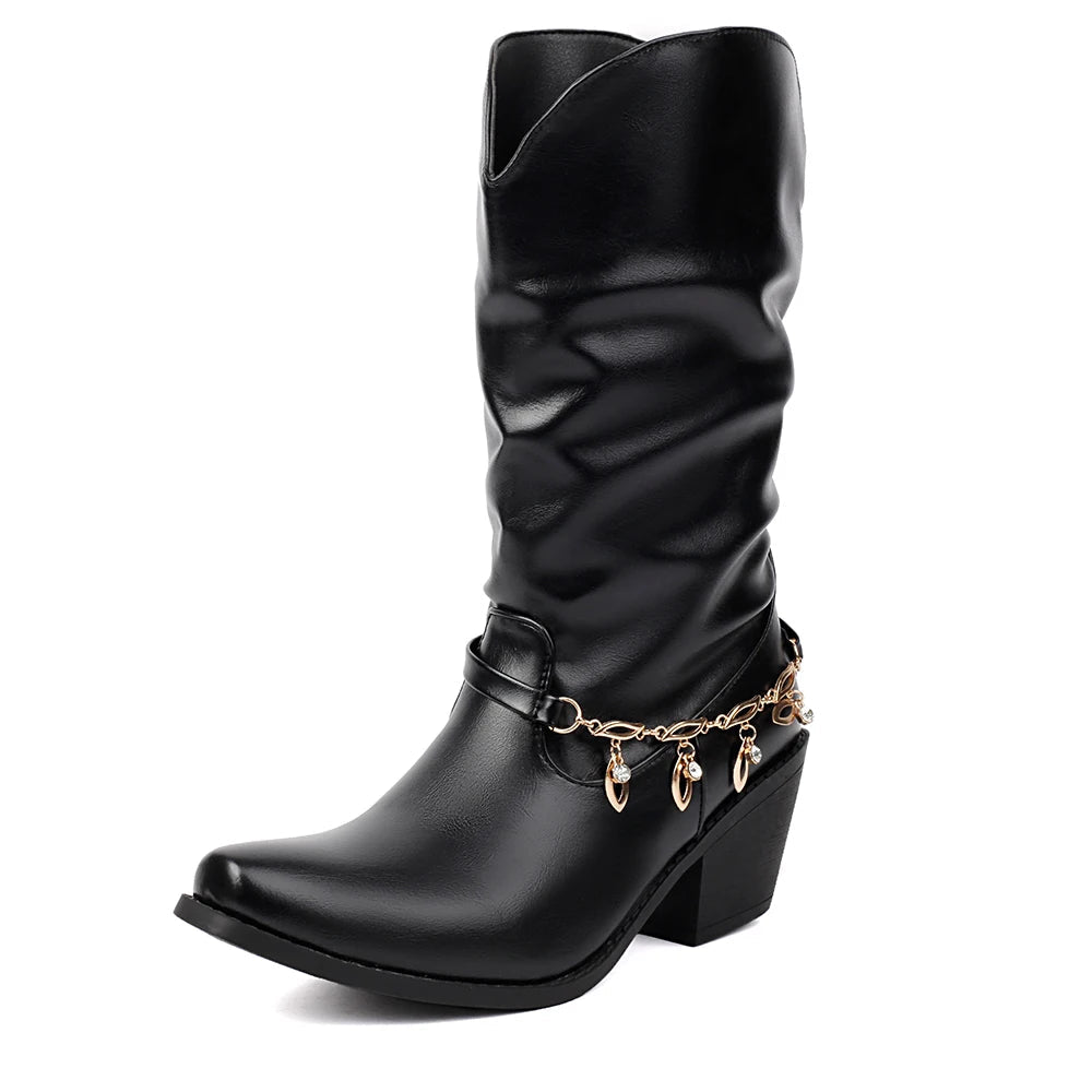 Big Size 43 Square Toe Square Toe Mid Calf Boots Metal Chain Autumn/winter Party Shoes Woman