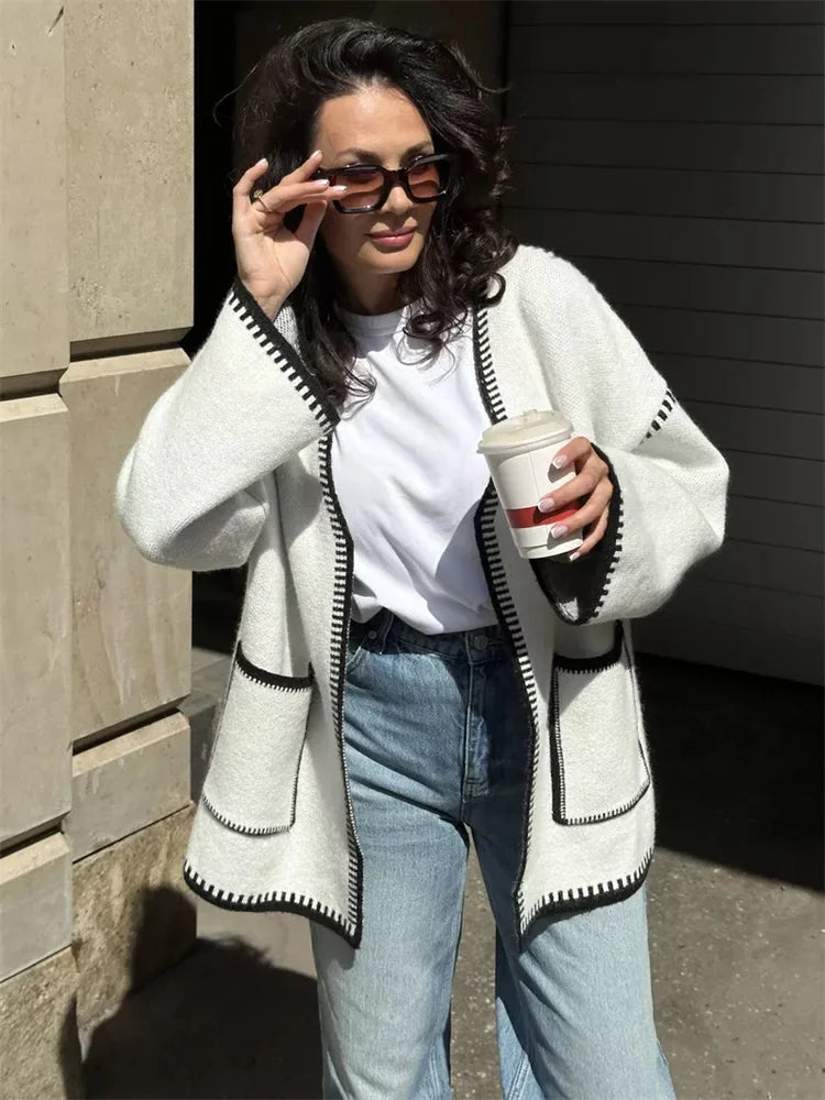 Knit Contrast Cardigan Sweater for Lace-up Pocket Long Sleeve Patchwork Loose Coat Autumn Knitwear ’s Outwear