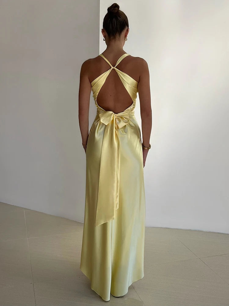 Satin Bow Backless Maxi Dress for Gown V Neck Sleeveless Club Party Evening Dress