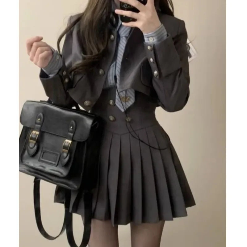 Autumn New 3 Piece Set Kawaii Skirt Suits Female Short Coat Pleated Mini Skirt Striped Shirt Y2k Korean Outfits