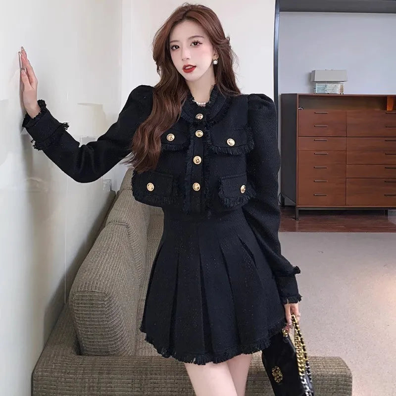 Tweed Suit 2-piece Skirt Set Autumn Winter New French Style Cropped Jacket Coat Mini Skirt Korean Female Outfits