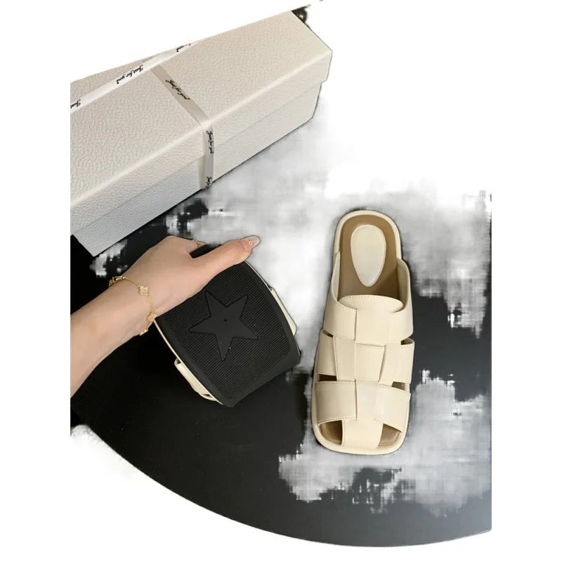 Slippers Summer Shoes Low Slides Cover Toe Pantofle Fretwork Heels Flat Rubber Pu Fabric Hoof Shoes Wo