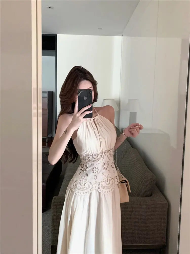 Lace Patchwork Hanging Neck Dress Summer Waist Cinched Sleeveless Spicy Girl Temperament Aline Long Dresses