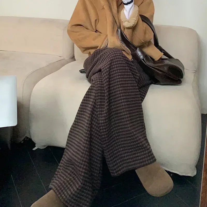 High Waist All Match Tweed Pants Spring New Contrast Color Plaid Wide Leg Pants