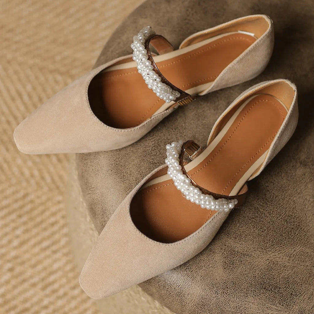 Mary Jane Flats Natural Suede Leather Beading Band Pointed Toe Slipon Female Footwear Summer Daily Shoes