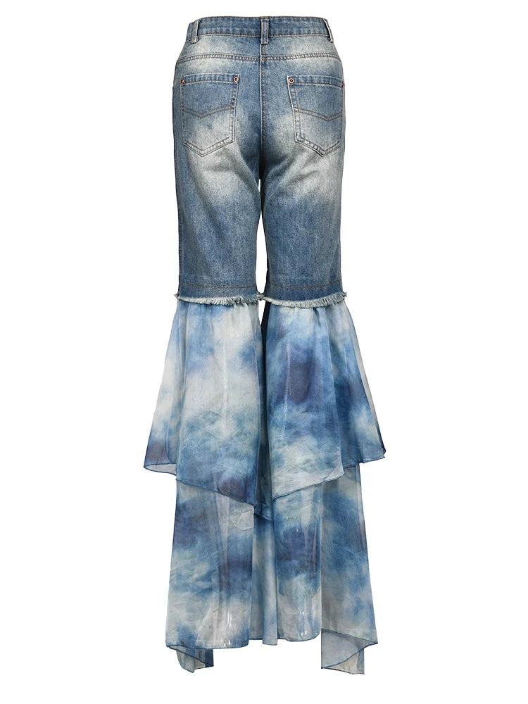 Long Troouser Slim High Waist Spliced Print Layered Chiffon Fulllength Flare Pants Summer New