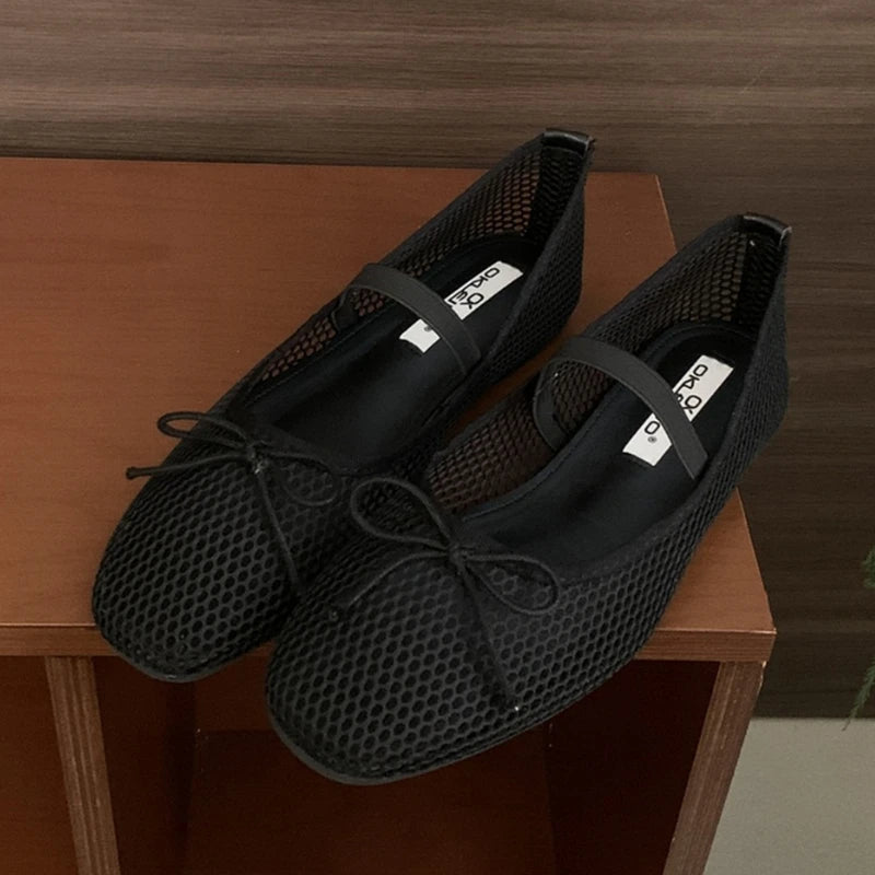 Simple Mesh Breathable Soft Bottom Mary Jane Shoes Design Bowknot Shallow Mouth Flat Shoes Party Ballet Dance Shoe