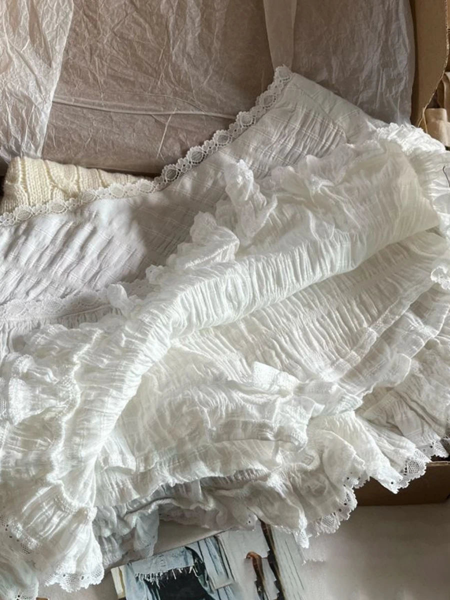 White Lace Trim Sweet Mini Skirts Summer Folds Texture High Waist Aline Short Faldas Balletcore Skirt