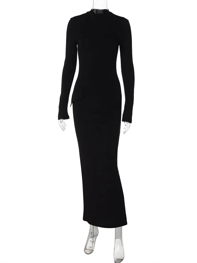 Half Turtleneck Long Sleeves Maxi Dress Office Lady Clothing Back Slit Gown Dress Female Autumn