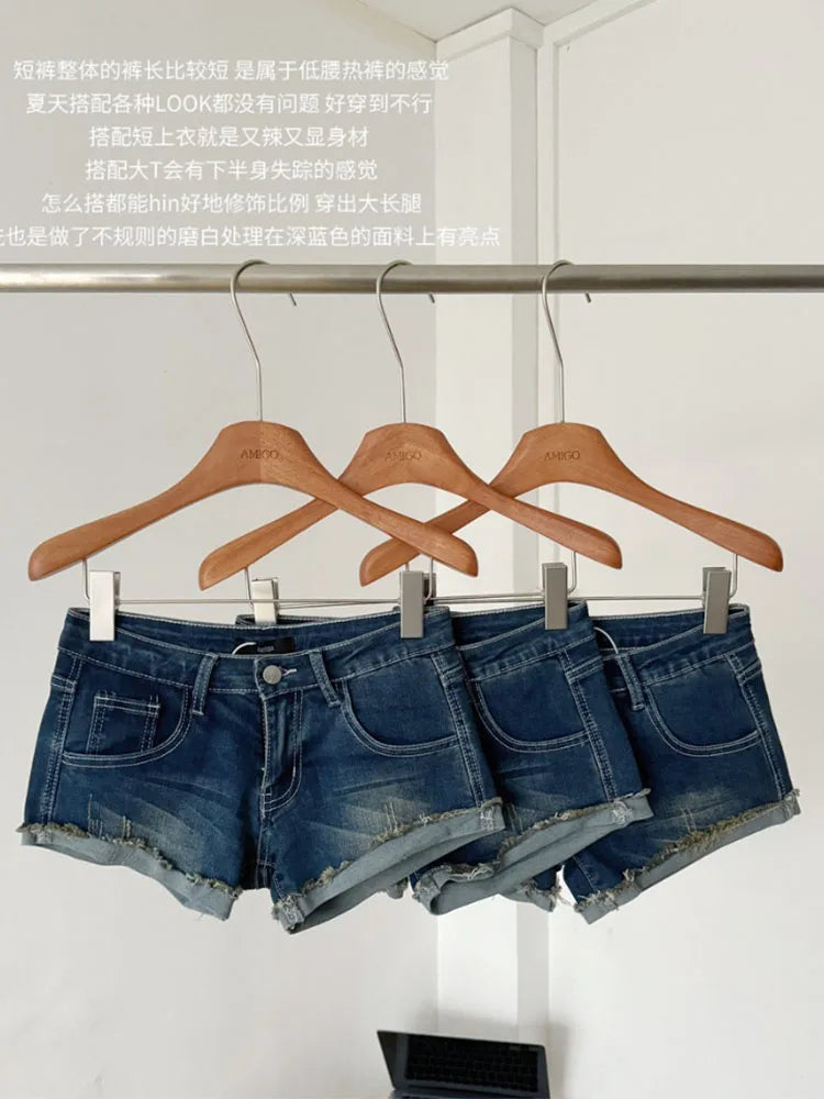 Korean Blue Denim Shorts Coquette Gyaru High Waist Jeans Short Grunge Hot Pants Raw Edge American Retro