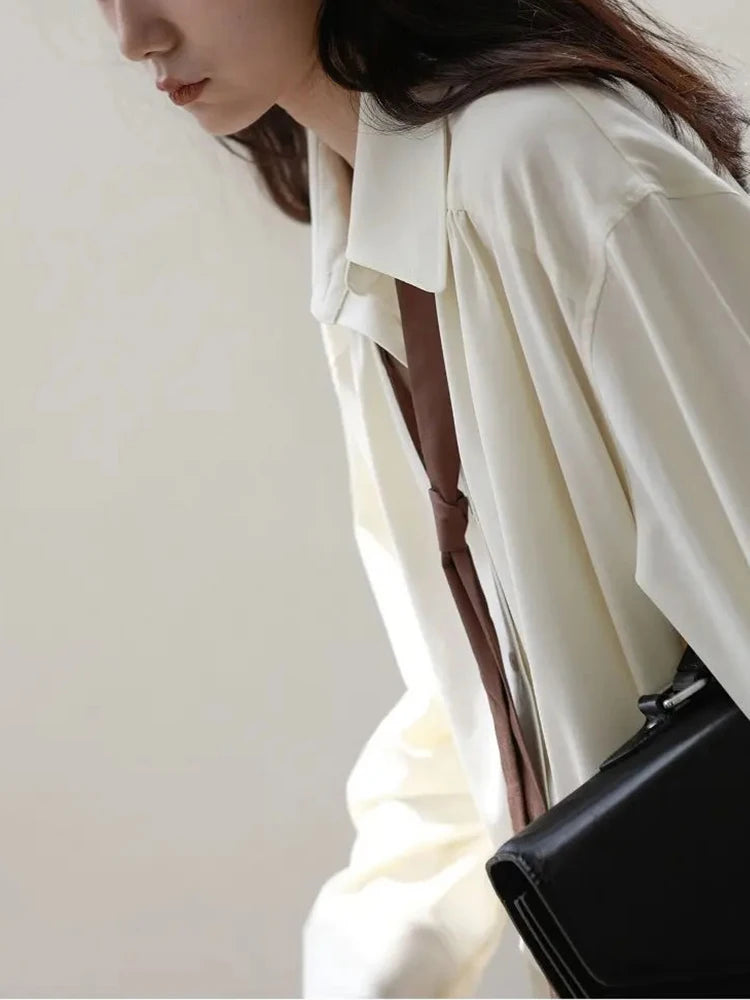 Autumn Minimalist Long Sleeve Button Up Shirt Korean Style Tie Oversize Shirts Blouse Loose Clothes Autumn Tops