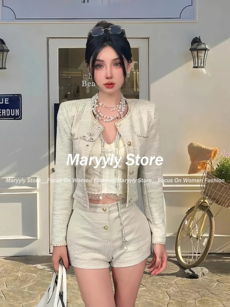 Autumn Korean Slim Outfits 2 Piece Set Y2k Office Lady Long Sleeve Short Coat + Bodycon Higt Waist Shorts New