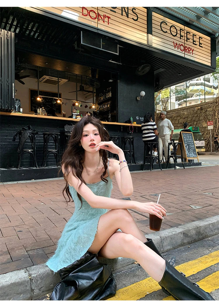 Bodycon Y2k Mini Dress Pure Color Dress Female Even Party Beach Style Korean Clothing