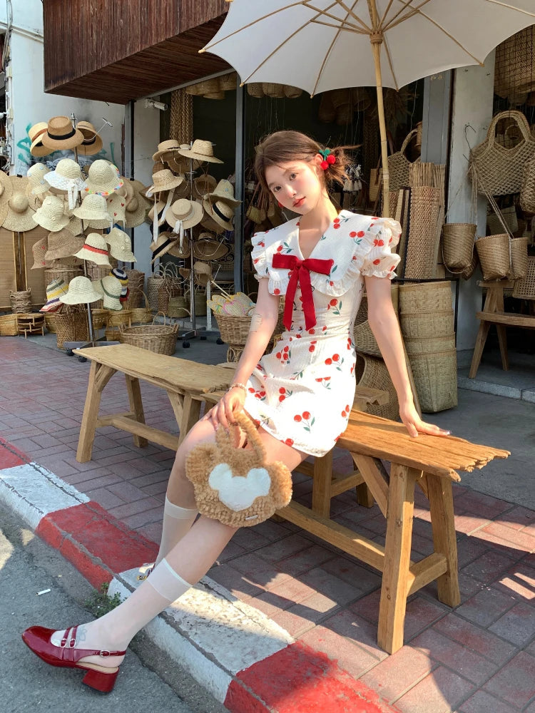 Summer Japanese Kawaii Party Dress Sweet Mini Dress Female Lace Korea Vneck Fairy Slim One Piece Dress