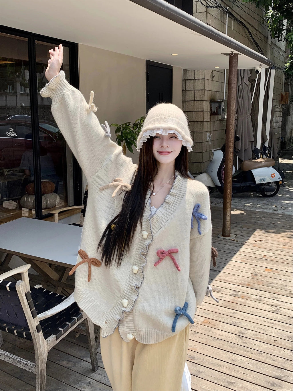 Korean Gentle and Sweet 3d Bow Love Buckle Thick Sweater Clothing Autumn Loose Knitted Cardigan Tops