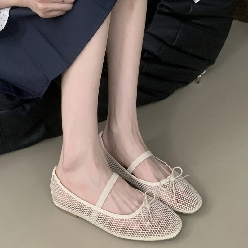 Simple Mesh Breathable Soft Bottom Mary Jane Shoes Design Bowknot Shallow Mouth Flat Shoes Party Ballet Dance Shoe