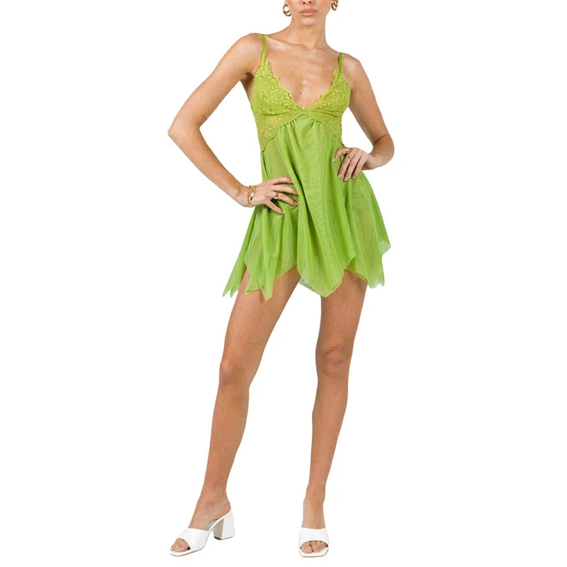 Fairy Dress Green Lace Spaghetti Strap Sleeveless Mesh a Line Mini Dress Halloween Cosplay Costume Clubwear